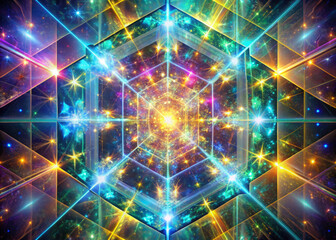 Obraz premium vibrant 3D fractal grid radiates with ethereal light, creating mesmerizing visual experience filled with colorful stars and geometric patterns
