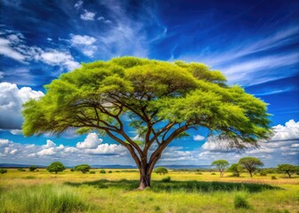 Lush Acacia Tree with Vibrant Green Leaves Under Bright Blue Sky in a Serene Natural Landscape