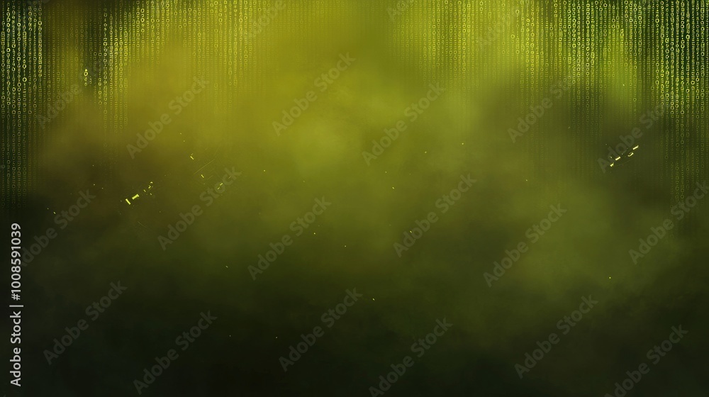 Poster a glowing green web banner with binary code flowing horizontally across a dark, grunge background, e