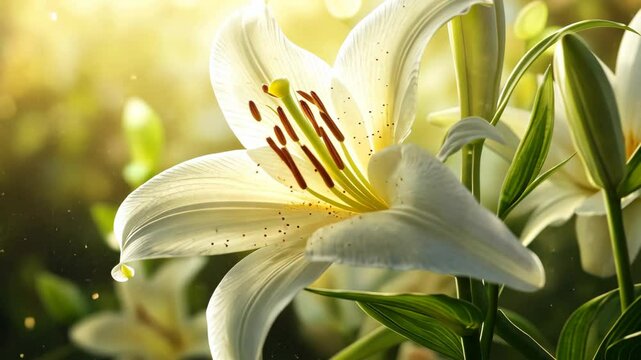 A single white lily blooms in the sunlight, its petals unfurling gracefully