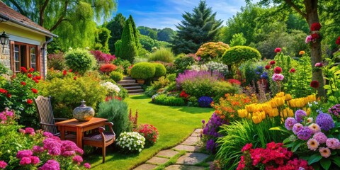 Obraz premium Lush Garden Flat with Vibrant Flowers and Greenery Creating a Serene Outdoor Oasis for Relaxation