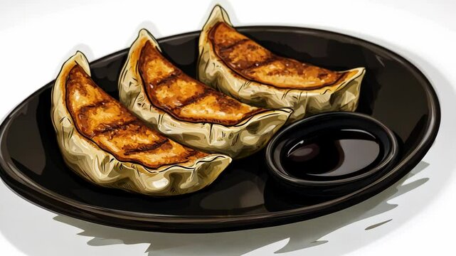 Three crispy gyoza on a black plate with a small dish of soy sauce