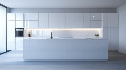 An immaculate white kitchen with a waterfall island, integrated LED lighting, and high-gloss cabinetry