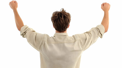 Rear View of a Man Raising Both Arms in Celebration with a White Background