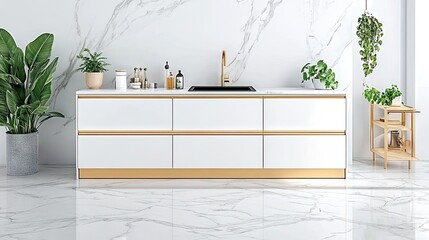 A high-end kitchen featuring contrasting black and white cabinetry with golden fixtures, set against a backdrop of sleek marble tiles, perfect for modern interiors.