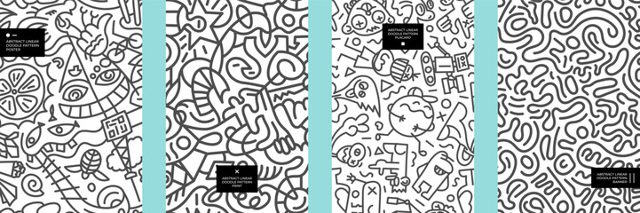 Abstract linear doodle pattern poster set. Black bold marker outline chaotic decoration print. Modern trendy placard design with urban style freehand scribble lines. Monochrome artistic graphic banner