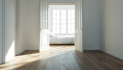 Minimalist bedroom interior with open door and bright sunlight