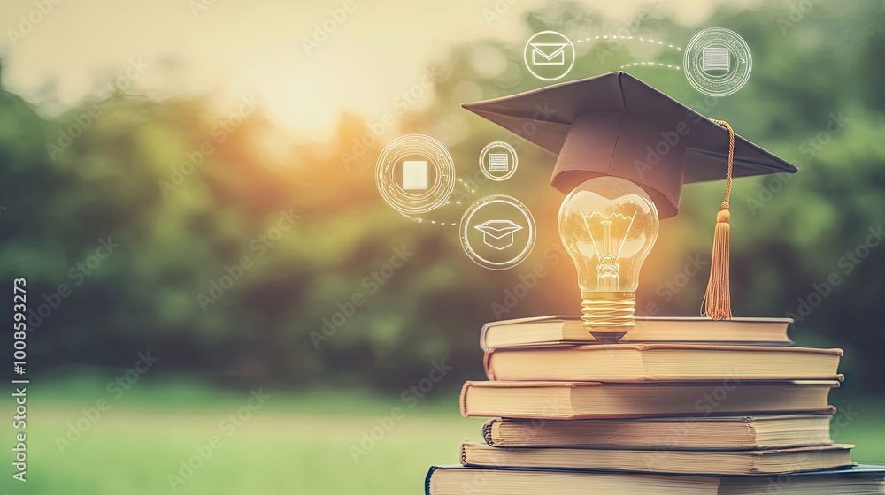 Poster a lightbulb sitting atop a stack of books, with a graduation cap and digital education icons floatin