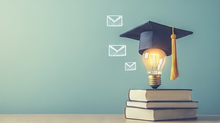 A lightbulb sitting atop a stack of books, with a graduation cap and digital education icons floating above, representing e-learning and online certification programs.