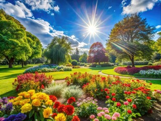 Obraz premium Lush Green Park in Summer with Vibrant Flowers, Blue Sky, and Bright Sunshine for Outdoor Enjoyment