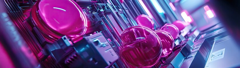 Close-up of vibrant pink buttons in a modern electronic device, showcasing intricate details under colorful lighting.