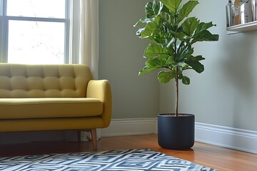 Cozy living space with a yellow couch and a plant.