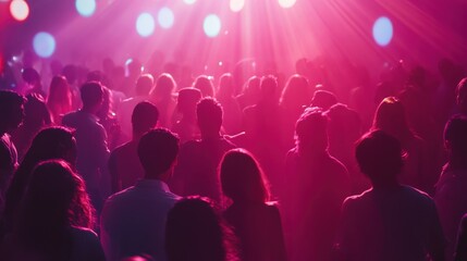 Naklejka premium A lively crowd fills the dance floor, swaying and moving to the beat of the music, surrounded by colorful lights that enhance the festive ambiance of the nightlife