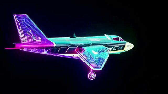 Fighter jet 3D model of a futuristic , bright neon lights on a black background. Generative AI
