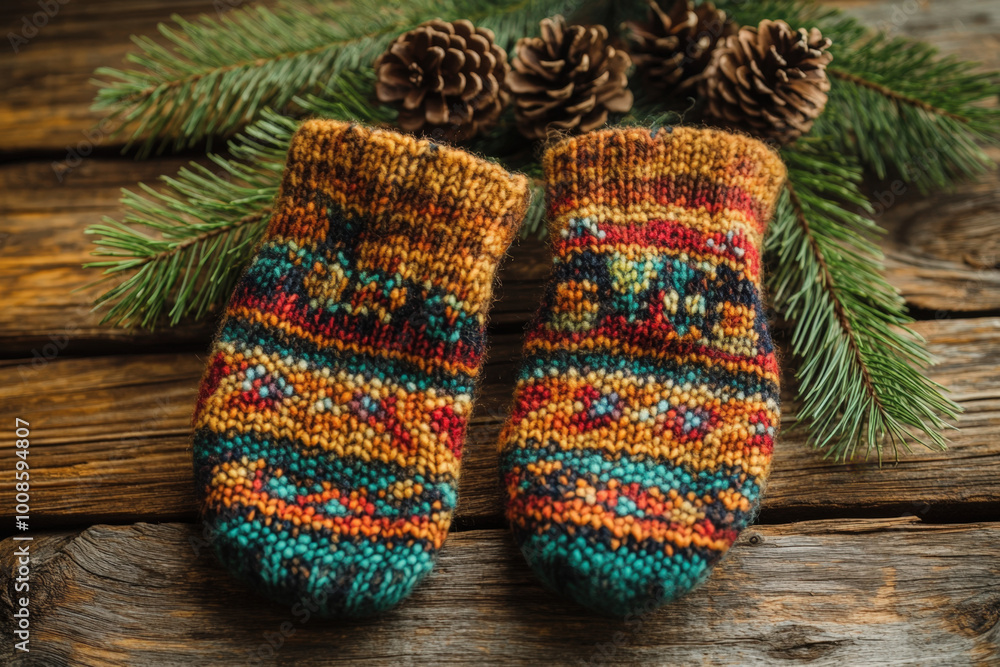 Poster pair of colorful handmade wool mittens lying on a rustic wooden surface with pine branches and cones