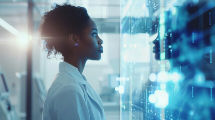Black woman, side profile, with tied long hair and white coat visualizing data on a futuristic screen