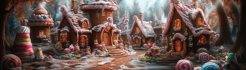 A whimsical candy village featuring gingerbread houses and colorful sweets, creating a magical and festive atmosphere.