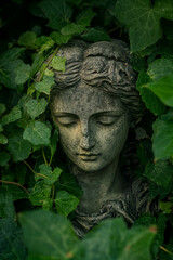 Obraz premium A serene statue of a woman's face is partially hidden by lush green ivy leaves. 