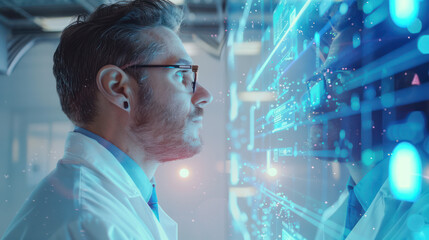 Side profile of a Caucasian male doctor working with advanced medical technology in a modern lab