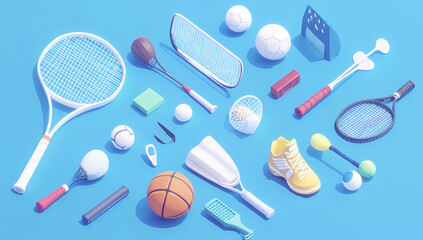 Colorful 3D Sports Equipment Illustration with Cartoonish Charm