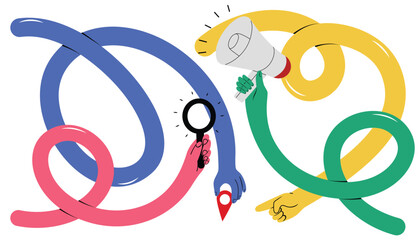 Set with 4 squiggly long hands with different hand gestures, holding magnifying glass, loudspeaker, geo pin. Hand drawn isolated vector illustrations
