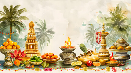 Watercolor illustration for tamil new year with symbols. Asain holiday celebration