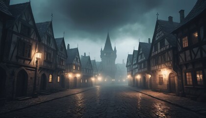 Fototapeta premium Heavy fog in the town illustration creepy background