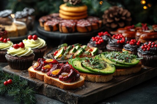 holiday food inspiration, contemporary christmas wallpaper featuring trendy elements such as avocado toast, festive charcuterie boards, and holiday cupcakes - Powered by Adobe