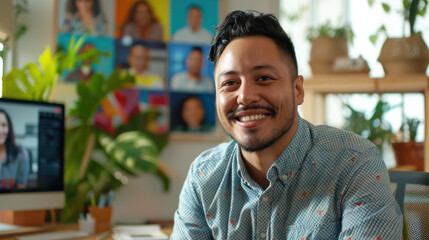 Hombre latino sonrriendo en una oficina moderna, con plantas y fotos de fondo, luz natural de día.
