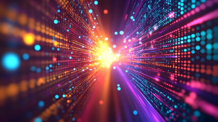 Fototapeta premium Abstract 3D Digital Tunnel with Vibrant Colors and Glowing Particles