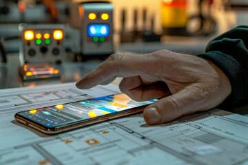 person's hand using a home security system on a mobile phone, with a blueprint and security equipment in the background.