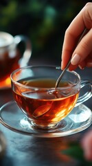 Fototapeta premium A close-up of a hand stirring a cup of tea, showcasing warmth and relaxation in a cozy setting.