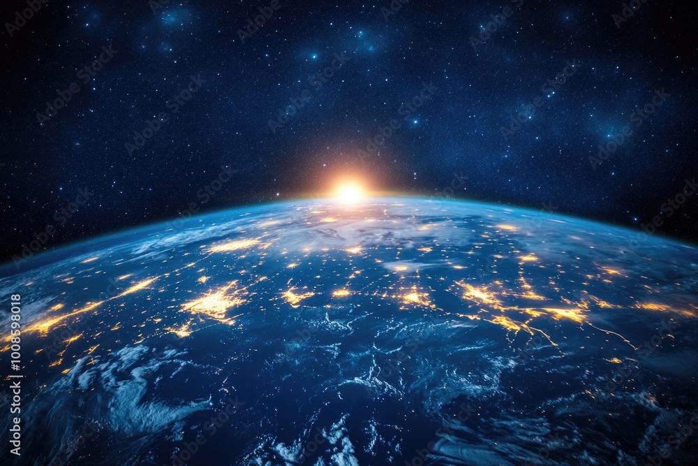 Wall mural night view of earth from space, glowing lights on the horizon.