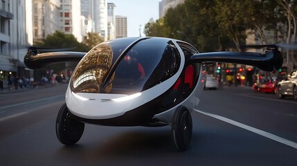 Obraz premium Futuristic Flying Car On City Street