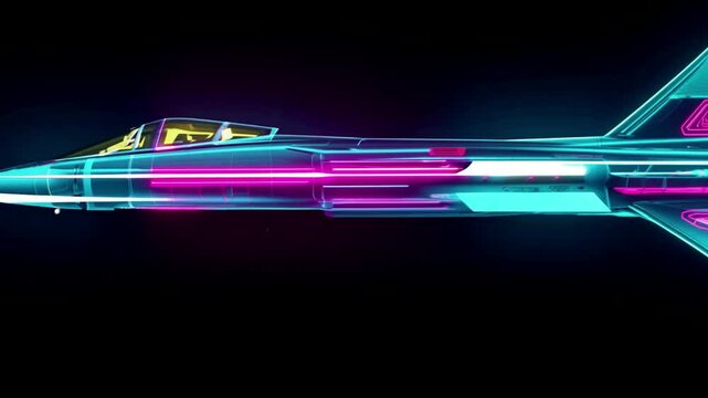 Fighter jet 3D model of a futuristic , bright neon lights on a black background. Generative AI
