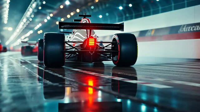 A race car speeds down a wet track under the lights