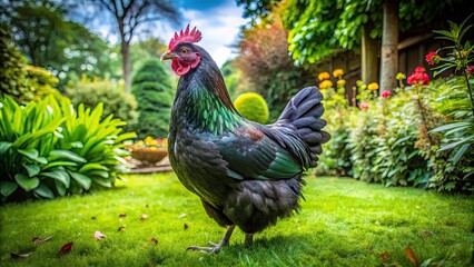 Majestic Black Ameraucana Chicken Standing Proudly in a Lush Green Backyard on a Sunny Day
