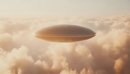 Sleek metallic UFO hovering above clouds with mysterious mist.