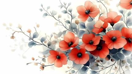 Watercolor Painting of Delicate Red Flowers with Soft Grey Leaves on a White Background
