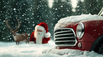 A festive Mini Cooper in a winter wonderland with Santa and reindeer under falling snow at night