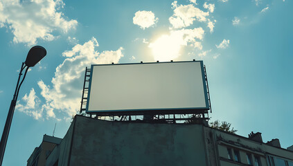 Empty billboard on a tall building in sunny Warsaw