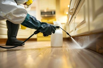 close-up photo of a pest control worker's hand spraying pesticide on a wooden cabinet in a kitchen.
