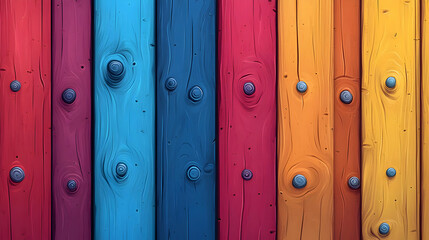 Fototapeta premium Colorful Wooden Planks with Knots and Nails Arranged in a Vertical Pattern