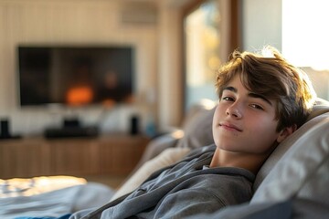 young man lounging comfortably on a stylish sofa in a modern living room, with a flat-screen television and air conditioning creating a cool and relaxing atmosphere.