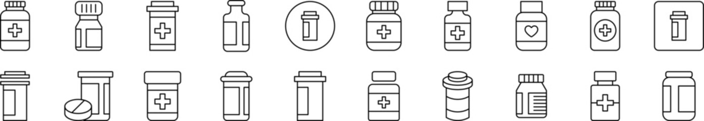 Bottle of Meds Set of Thin Icons. Editable Stroke. Suitable for Web Sites, Books, Cards, Apps