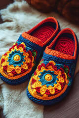 Hand-crocheted slippers with vibrant mandala patterns in orange and blue, combining traditional craftsmanship with modern colorful design for cozy and artistic footwear
