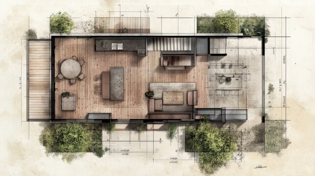 This blueprint outlines a small house with a spacious open layout, including a living area, kitchen, dining space, and outdoor elements surrounded by greenery