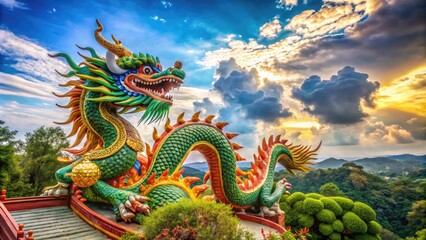 Fototapeta premium Majestic Dragon Sculpture in Traditional Chinese Style Surrounded by Lush Greenery and Clouds