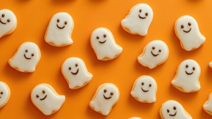 Halloween cookies shaped like smiling ghosts and pumpkins, forming a festive pattern on an orange backdrop. Realistic, detailed