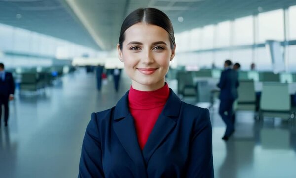 Portrait of young air hostess standing at airport and looking at camera. Portrait of flight assistant in uniform standing near check in counter. Happy agent wearing the hostess uniform at airport